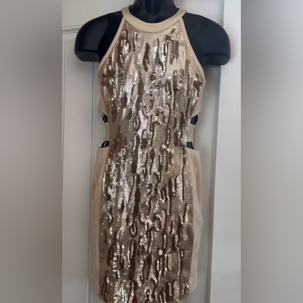 “Bebe”  Beige Sequined Mini Dress
